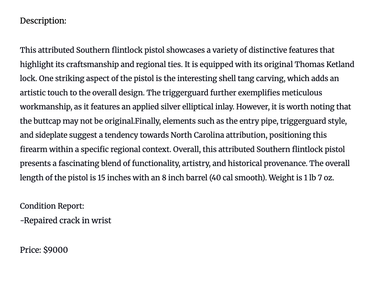 Virtual Show Attributed Southern Pistol