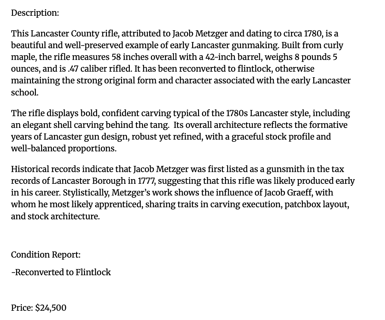Attributed Jacob Metzger Rifle