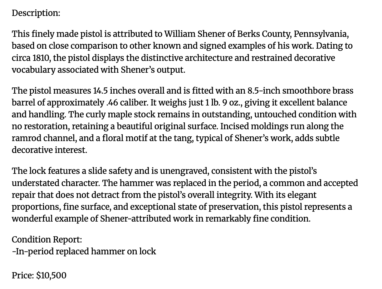 Attributed William Shener Pistol